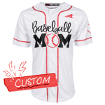 Baseball mom jersey with red and black details on a white background