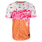 Baseball jersey with 'Cream City' text and ice cream cone design on a white background