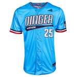 Blue baseball jersey with 'DINGER NATION' seamhead baseball lifestyle shirt