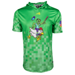 Green Minecraft baseball hoodie with Chicken Jockeys logo on a 8 bit retro background
