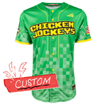 Green minecraft baseball jersey with 'Chicken Jockeys' text with an 8 bit pattern