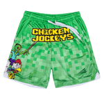 Green shorts with 'Chicken Jockeys' text and baseball graphics
