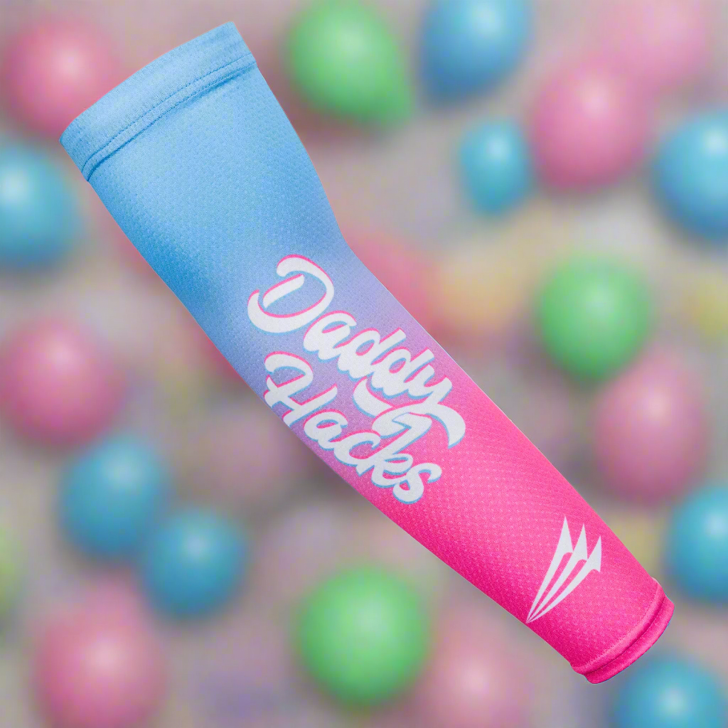 Pink and blue arm sleeve with 'Daddy Hacks' text on a white background