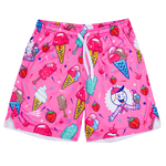 Pink shorts with ice cream and strawberry pattern with baseball player