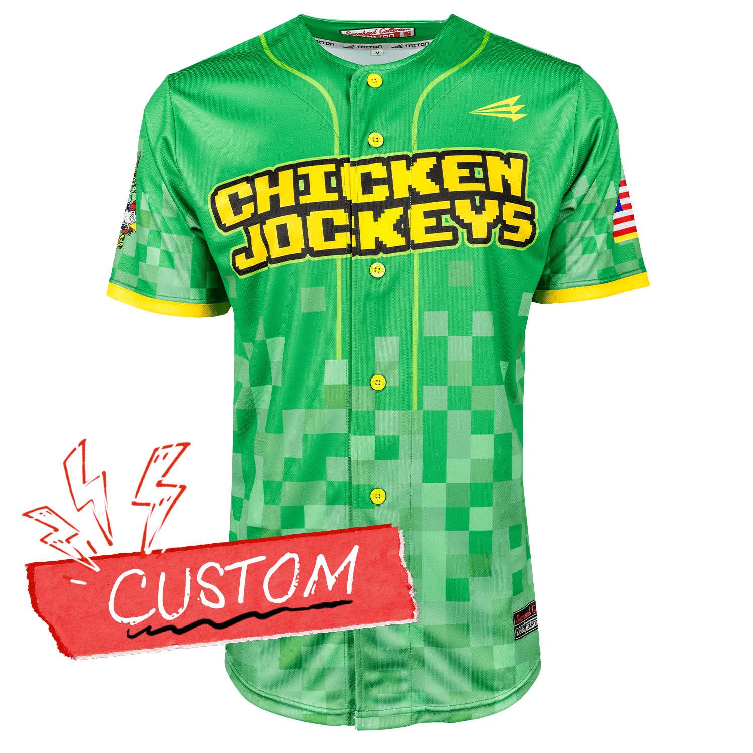 Green minecraft baseball jersey with 'Chicken Jockeys' text with an 8 bit pattern