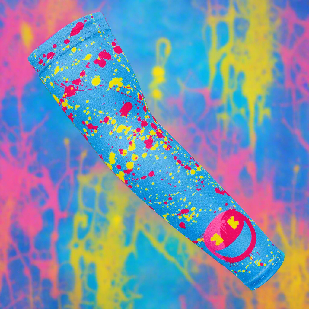 Colorful sleeve with smiley face design on a white background