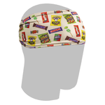 A cream fabric Halloween Baseball 101 headband featuring a colorful baseball inspired candy and snack logo print.