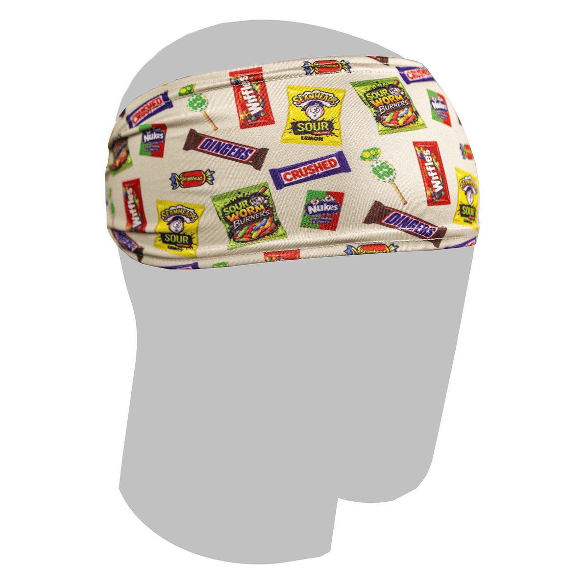 A cream fabric Halloween Baseball 101 headband featuring a colorful baseball inspired candy and snack logo print.