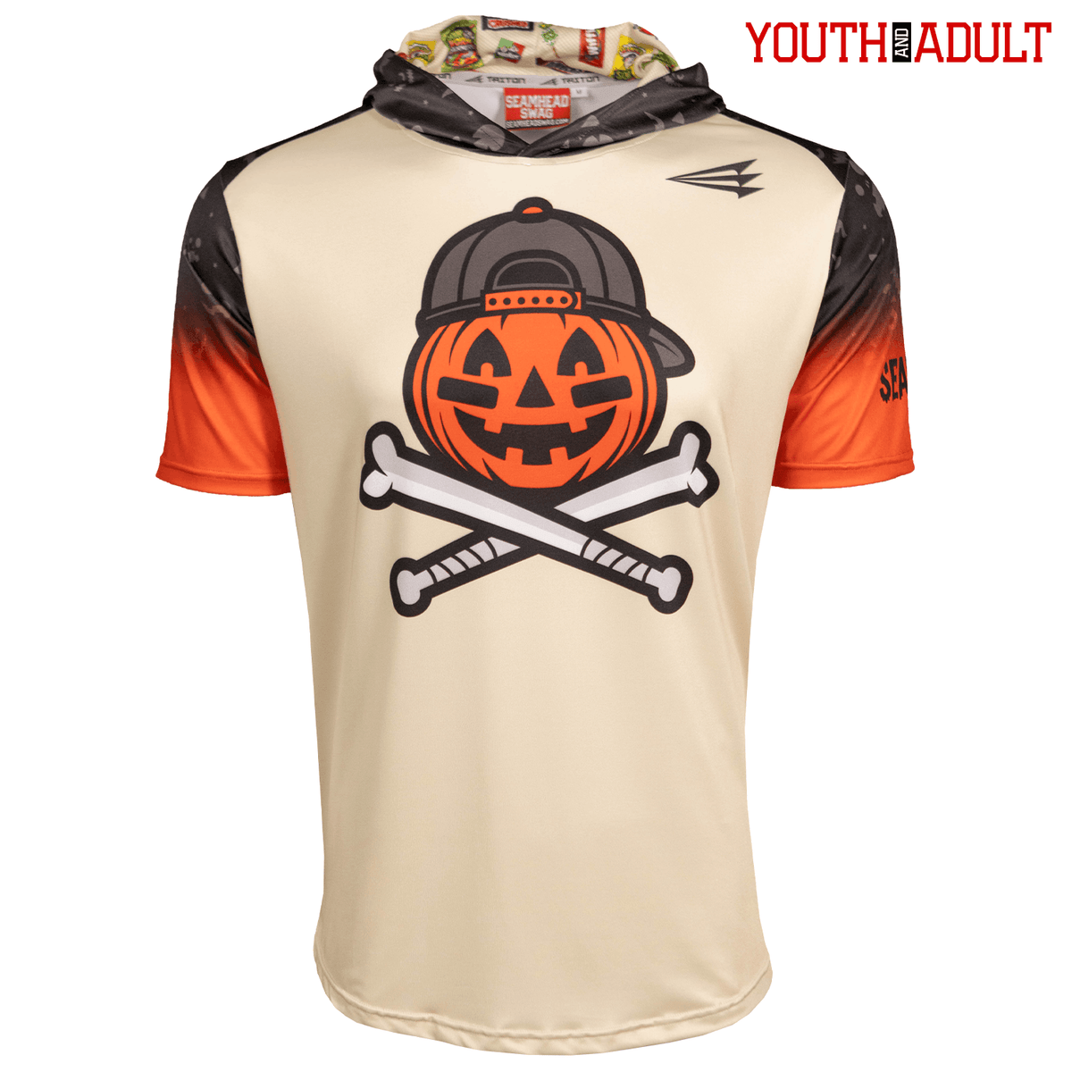A youth and adult hooded Baseball 101 lifestyle short-sleeve pullover in a Halloween theme, featuring a beige body, orange and black gradient sleeves, and a large graphic of a jack-o'-lantern wearing a cap and crossed bones on the chest.