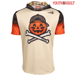A youth and adult hooded Baseball 101 lifestyle short-sleeve pullover in a Halloween theme, featuring a beige body, orange and black gradient sleeves, and a large graphic of a jack-o'-lantern wearing a cap and crossed bones on the chest.