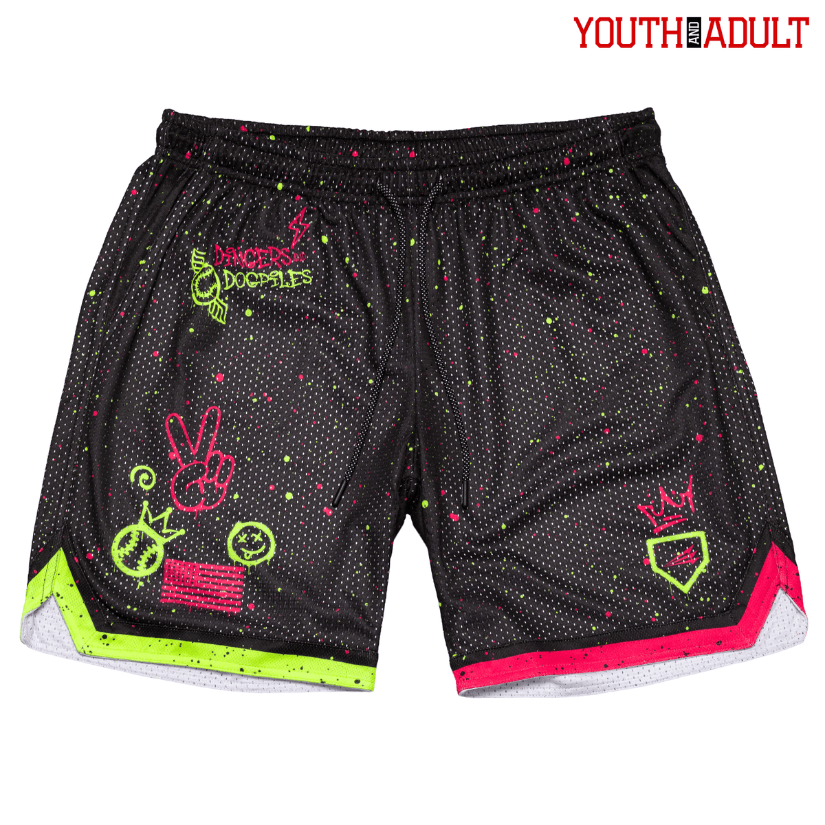 Dingers and Dogpiles Baseball 101 neon glow mesh shorts