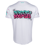 White short-sleeve athletic t-shirt with a colorful graphic on the back reading 'DINGERS DOGPILES' in teal and pink graffiti-style lettering, with small paint splatter details on the sleeves and back.