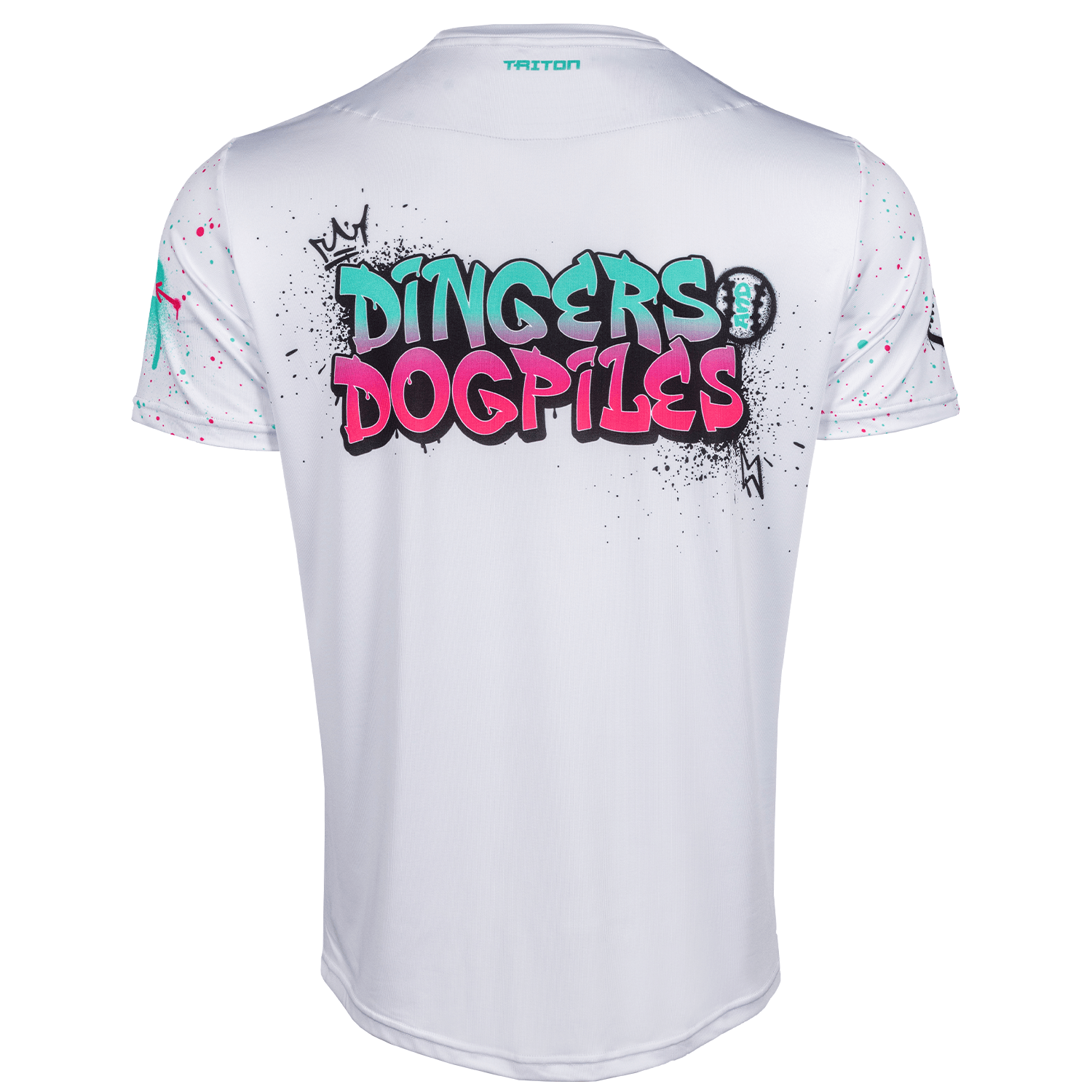 White short-sleeve athletic t-shirt with a colorful graphic on the back reading 'DINGERS DOGPILES' in teal and pink graffiti-style lettering, with small paint splatter details on the sleeves and back.