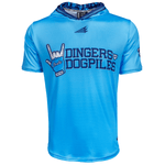 A light blue short-sleeve athletic pullover with a hood, featuring the text 'DINGERS AND DOGPILES' in dark blue across the chest and a baseball batting glove graphic on the left side that says 'Omaha'. The pullover has a patterned blue and black hood lining and a stylized logo on the chest.