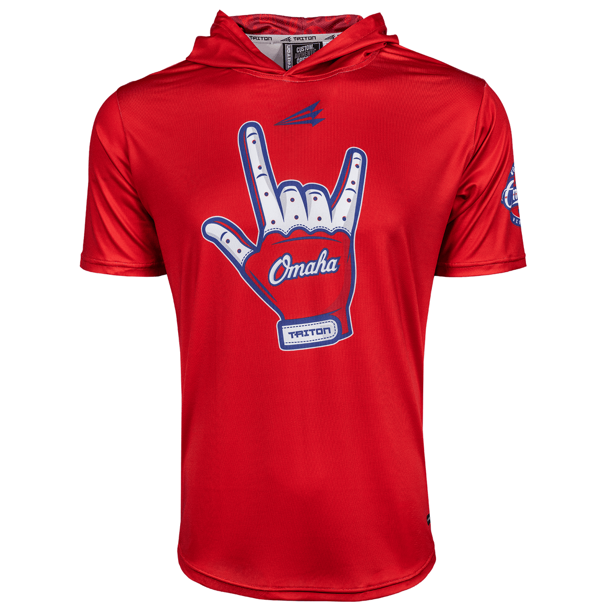 A red short-sleeve hooded athletic jersey with a large white and blue Omaha baseball batting glove hand graphic on the front, shown on a plain white background.