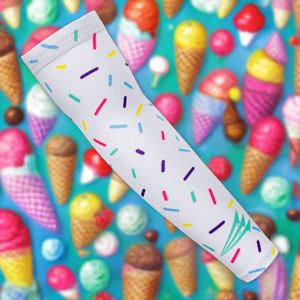 White arm sleeve with colorful sprinkles on a white background